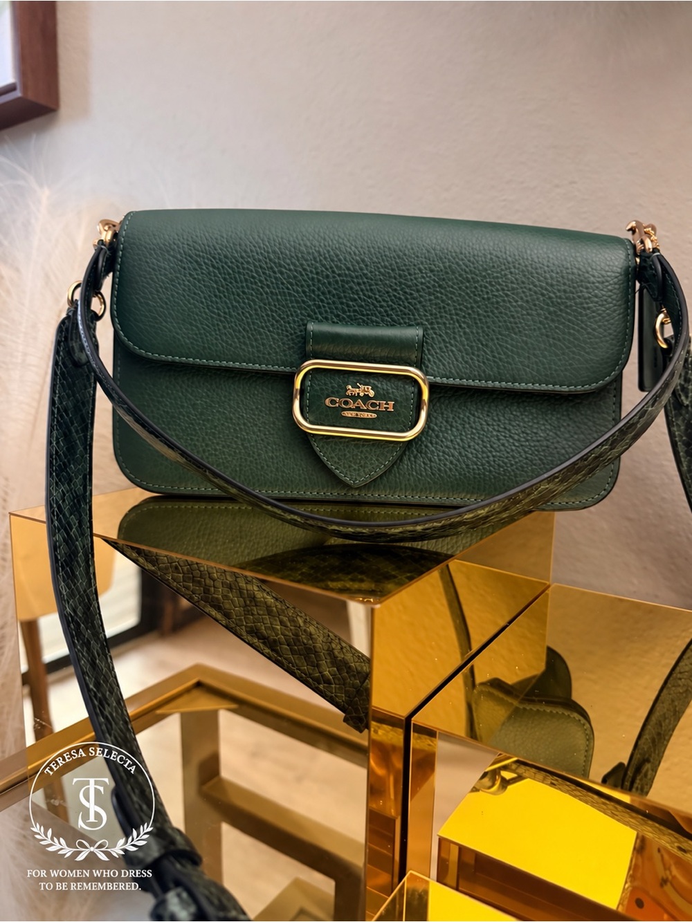 Coach Green Leather Crossbody Bag Snake Embossed Strap Gold Hardware